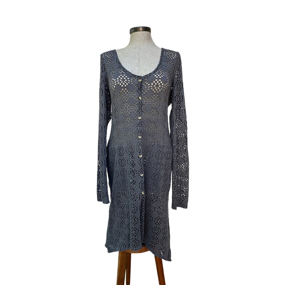 FP Beach Gray Crochet Knit Button Front Swim Cover Up Dress Boho Festival Coast